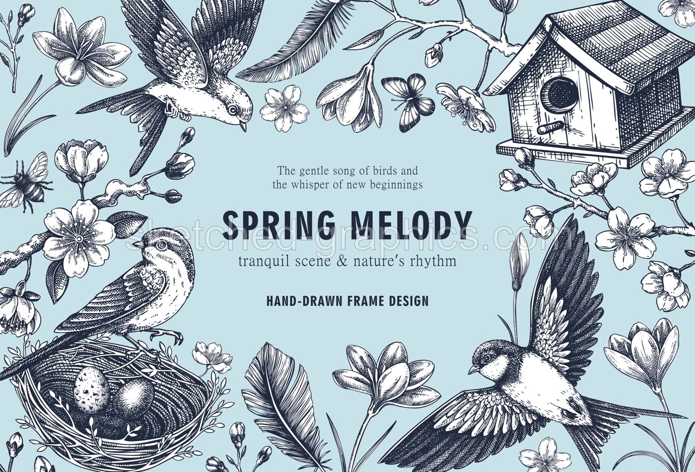 Rococo spring background. Easter frame design template. Hand-drawn flowers, flying birds, blooming cherry vector illustration sketch. NOT AI generated Illustration
